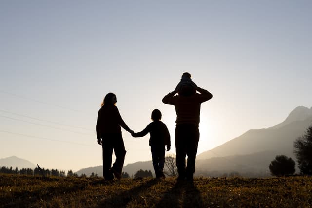Family silhouettes in nature at sunset